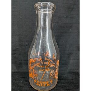 RARE VTG One Quart Glass Milk Bottle STONE'S DAIRY Orange Boy Girl Kids Graphic